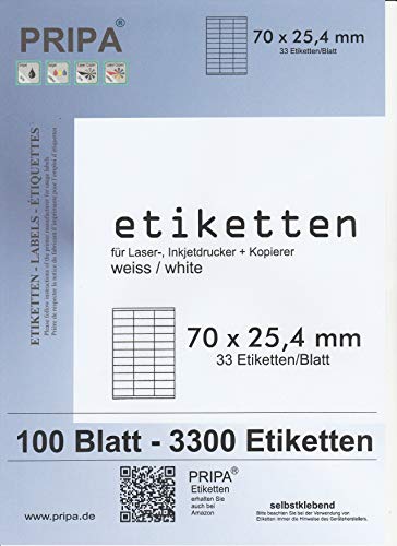 pripa Etikettenformat 70 x 25,4 mm, 100 Blatt DIN A4 Selbstklebende Etiketten (100) von pripa