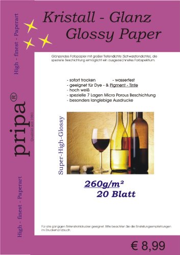 pripa KRISTALL GLANZ 20 Blatt Fotopapier DIN A4 260g - High Glossy glanz, Fotopapier mit großer Tiefendichte Schwarztondichte - ausgezeichnetes Farbspektrum, fuer InkJet Drucker von pripa