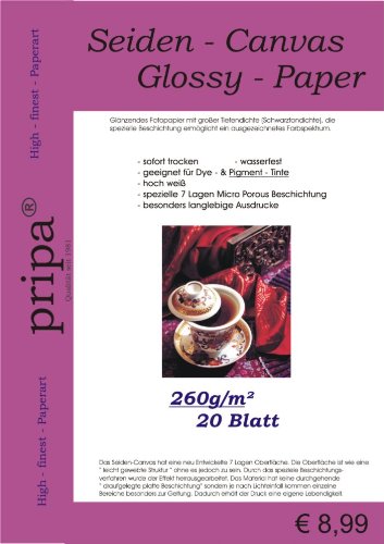 pripa SEIDEN CANVAS 20 Blatt Fotopapier A4 260g - glossy glanz Fotopapier mit großer Schwarztondichte - ausgezeichnetes Farbspektrum - fuer InkJet Drucker,sehr gut für Pigment-Tinte geeignet von pripa