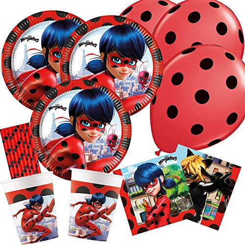 50-teiliges Party-Set - Miraculous Ladybug Teller Becher Servietten + Trinkhalme Luftballons für 8 Kinder von procos/spielum