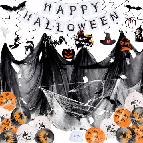 profiwoab Halloween Deko Spinnennetz Outdoor Spinnweben Dekoration DealKits Halloween Deko Stoff Gruseliges Tuch sorgt für mystische Stimmung |Spinne, Fledermaus, goldener Kürbis, kleiner Teufel von profiwoab