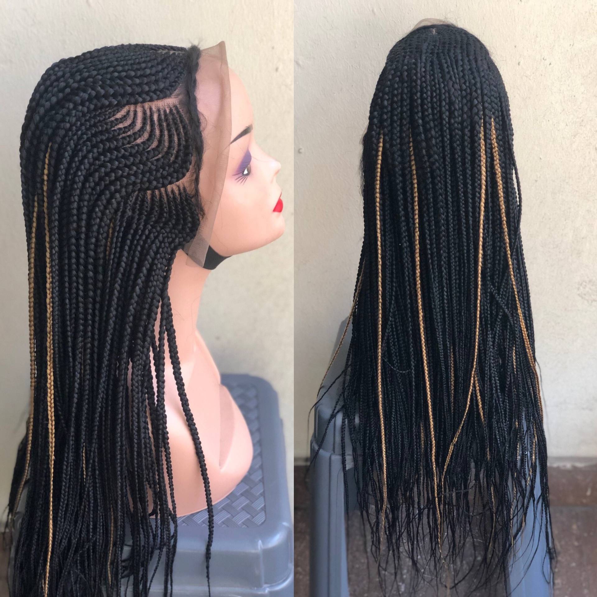 6 Teilige Cornrow Handgemachte Geflochtene Perücke | Schwarz Mit Goldenen Highlights Frontales Finish Kostenloser Versand von propsNtresses