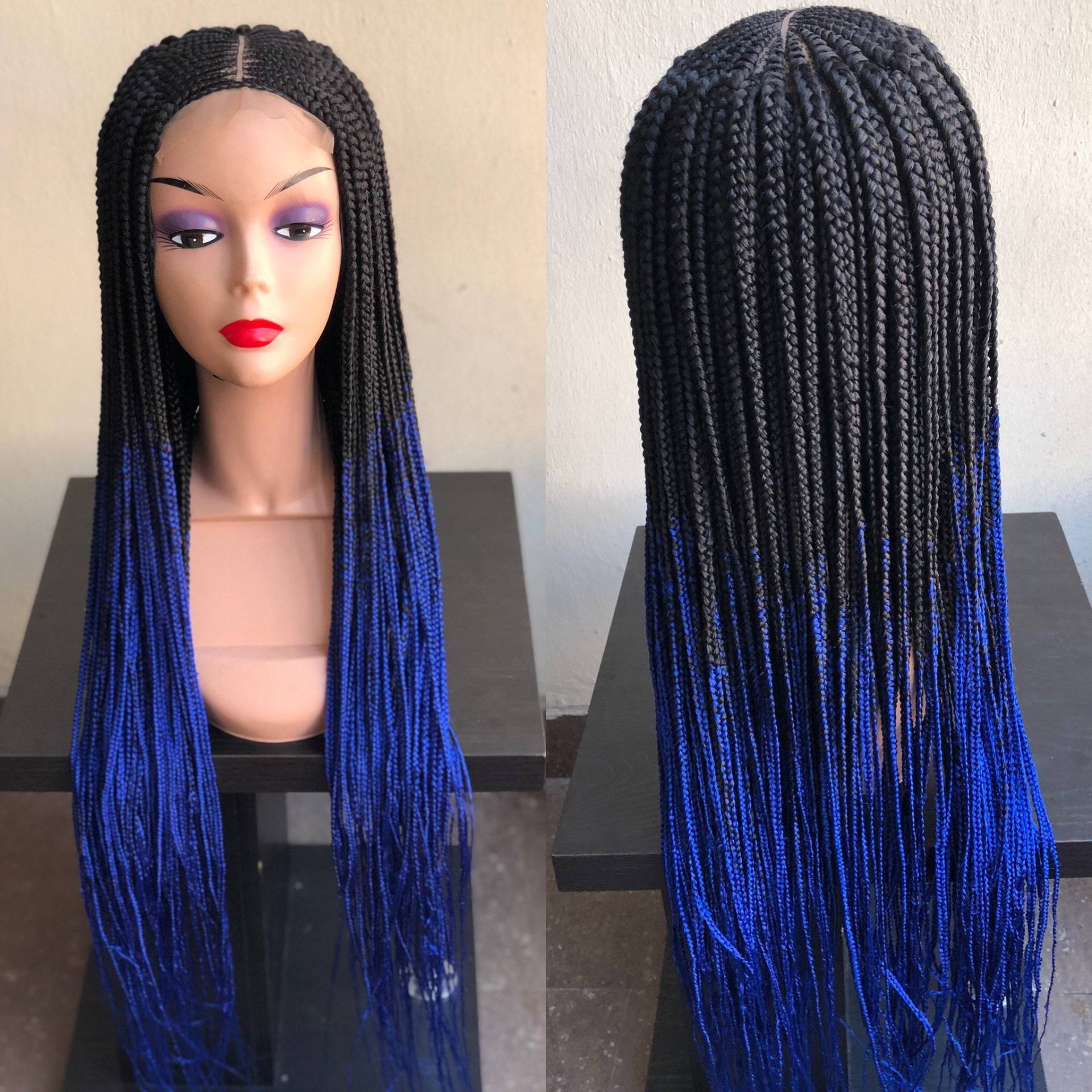 Geflochtene Perücke Handgemachte Schwarze Und Blaue Ombré Zöpfe Verschluss Fertig Kostenloser Versand von propsNtresses