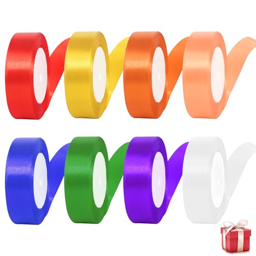 8 Farben Polyester Satinband, 25mm Breit Geschenkband Bunte Stoffbänder, Geschenkband Stoff für Geschenkverpackung Kunsthandwerk Haarschleifen Blumenstrauß Dekoration (22m/Roll) von prota