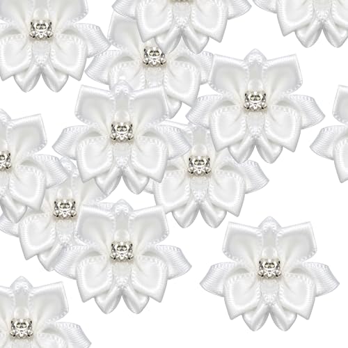 pson 50 Stück Satinband-Blumen, kleine Blumen-Applikation, Rosen-Strass-Applikation für DIY, Handwerk, Kranz, Verpackung (weiß) von pson