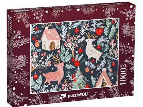 Puzzle 1000 Teile XXL „Geschenkpapier-Design: Rentiere, Häuser, Sträucher, Weihnachtskugeln“ – aus der Puzzle-Kollektion Weihnachten von puzzleYOU