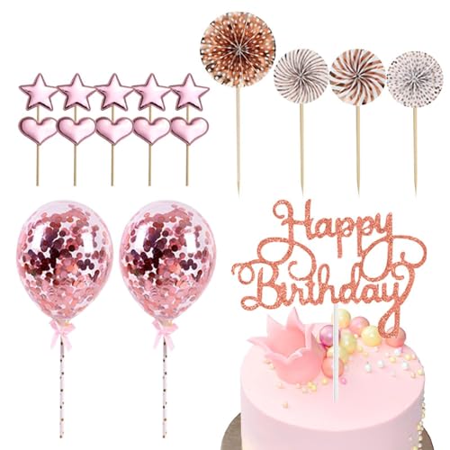 Geburtstags-Kuchenaufsatz-Set, Roségold-Kuchendekorationen, „Happy Birthday Kuchenaufsatz, Acryl-Cupcake-Aufsatz für Kinder, Baby-Geburtstag, Partyzubehör mit eingesetzten Sternen, Herzen von puzzlegame