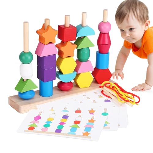 puzzlegame Schnürblöcke Perlen,Schnürperlen aus Holz, Holzperlen-Reihenfolge-Spielzeug-Set, Stapelblock-Spielzeug, Holzperlen-Reihenfolge, Holzperlen-Spielzeugset für Vorschulkinder im Alter von 2–5 von puzzlegame