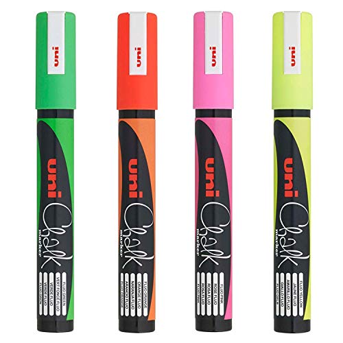 Uni-Ball pwe-5 m Liquid Kreidemarker, Rundspitze (1.8 mm-2.5 mm) – Tafel Glas Nass abwischbare Marker, 4 Stück fluoreszierende Farben von pwe-5m