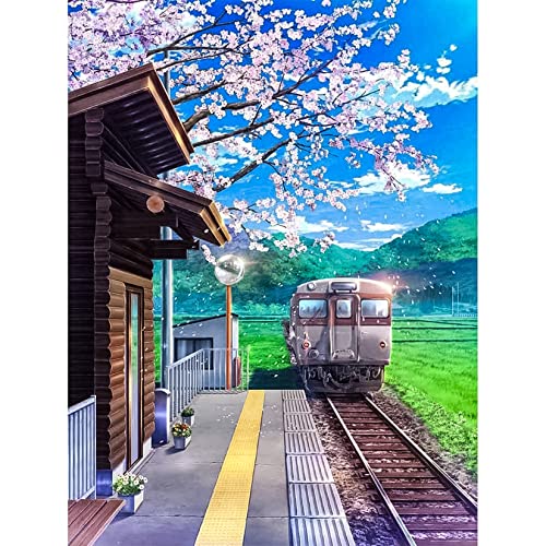 5D DIY Diamond Art Painting Kits Vollbohrer, Sakura-Station Diamond Strass Kreuzstich Stickerei Kristall Leinwand Diamant Malerei Painting Bilder nach Zahlen für Kinder Erwachsene Wohnwand Dekor von pzihao