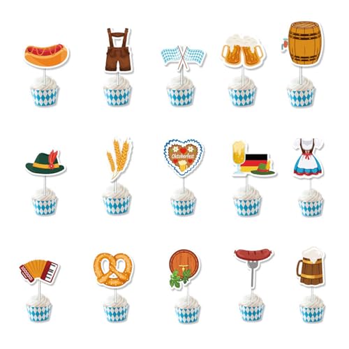 15 Stück Oktoberfest Deko,Kuchen Dekoration,Kreativer Cartoon Cupcake Topper,Bayerische Deko Set,für Geburtstagsfeier,Sausage Party,Bayrische Dekorationen,Tortendeko,Deutsche Bierfest Accessoires von qerich