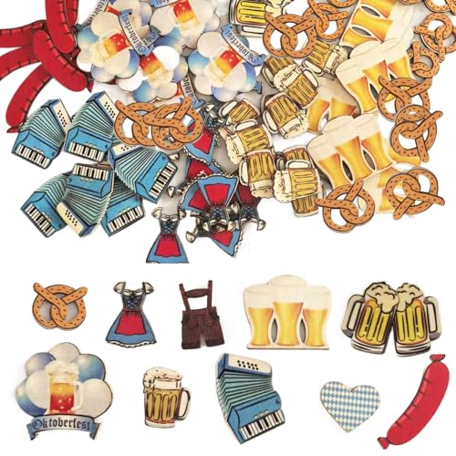 50 Stück Oktoberfest Deko,Bayrische Dekoration Holz Streudeko Party Tischdekoration,Bayerische Tischdeko Set Bierfest Dekorationen Geschenke,Brezel Bier Konfetti Papier Accessoires,für Fotorequisiten von qerich