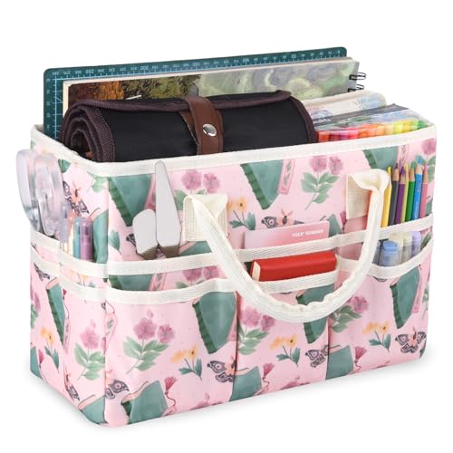 Craft Organizer Tragetasche mit mehreren Taschen, großer Kunst-Aufbewahrungsbehälter mit Griffen für Kunst, Handwerk, Nähen, Make-up, Scrapbooking, Medizin und Bürobedarf. Rosa Motte von qianshan