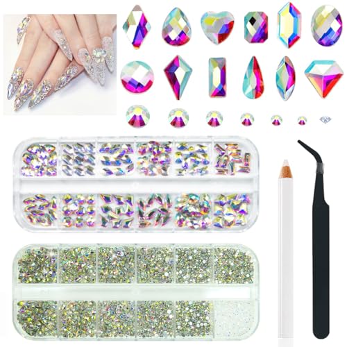 2630Pcs Kristall AB Glitzersteine Strasssteine Nägel, 120 12-Typen Groß Glitzer Steine+2510 6-Größen K9 Glas Runde Nagel Steinchen Rhinestones Nailart nageldesign Nagel Charms für Nagelkunst Gesicht von qiipii