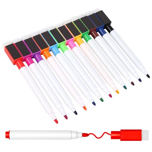 qijiefenCC 12 Stück Whiteboard Marker,Magnetische Whiteboard Stifte,Trocken Abwischbar Whiteboard Stifte mit Radierer,Fine Tip folienstift,für Büro, Schule, Zuhause usw (Farbe) von qijiefenCC