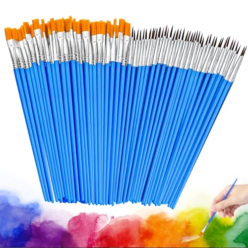 qingmeng 100 Stück Pinselset, 50 Runde Pinsel 50 Flache Pinsel Feine Pinsel Nylonpinsel Künstlerpinsel Pinsel Kinder Klein Dünne Acryl Pinsel Malen für Acrylfarben Aquarellpinsel Kunstmalerei Schule von qingmeng