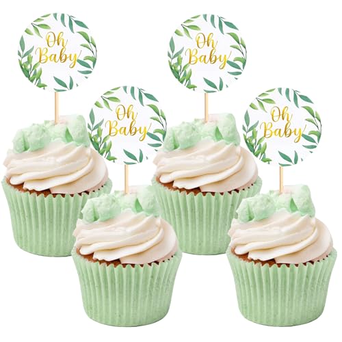 qingmeng 30 Stück Oh Baby Cake Topper Grün| Babyparty Deko Junge Mädchen | Baby Shower Deko | Tortendeko Welcome Boy or Girl | Cupcake Muffin Deko für Windeltorte Gender Reveal Neutral Party Dusche von qingmeng