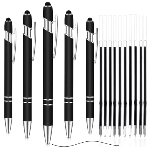 qingmeng Kugelschreiber mit Touchpen, 5 Stück Kugelschreiber Hochwertig Set mit 10Stück 0.7mm Minen Metall Schwarz, Kulli für Einfaches Weiches Schreiben, Gel Kugelschreiber Ergonomisch Aesthetic Pen von qingmeng