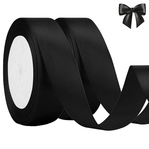 qingmeng Satinband Schwarz, 44m Geschenkband Schwarz Breit, 20mm Schleifenband Schwarz, Geschenkband Hochzeit Stoff, Goldenes Geschenk Band Geschenkbänder für Taufe Geburtstag Deko Geschenkverpackung von qingmeng