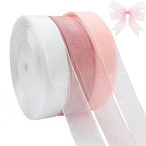 qingmeng Satinband Weiss, 135m Geschenkband Rosa Breit, 20mm Schleifenband Weiss Rosa Organzaband Chiffonband Dekoband Seidenband Hochzeit Stoff, Ribbon Bänder zum Basteln für Geschenkverpackung von qingmeng