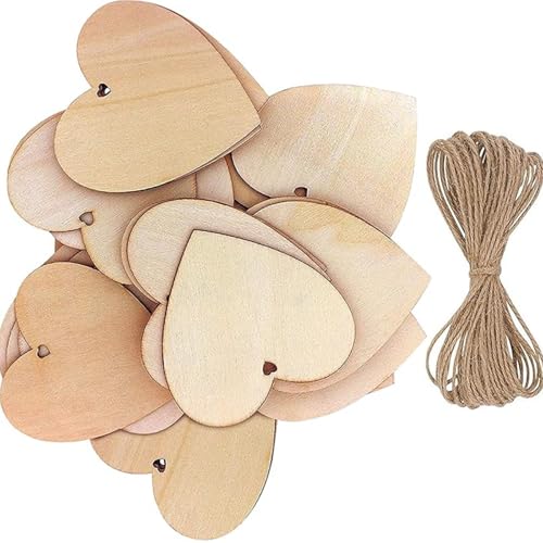 60 Stück Holzherzen zum Basteln, mit Jute Schnur, 5cm Holzherzen Scheiben Deko mit Löchern, Holzherzen Deko für Hochzeit, zum Basteln, Geschenkanhänge von qufzdopv