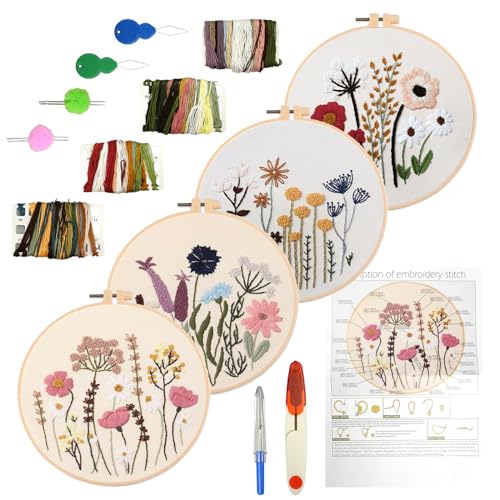 quiodok 4 Stück Stickerei Set Anfänger Handmade Embroidery Starter Kit Blumenmuster Pflanzen Sticken Set Erwachsene mit 2 Stück Plastik Stickrahmen Anleitung und Werkzeuge Stickset für DIY Kunst von quiodok