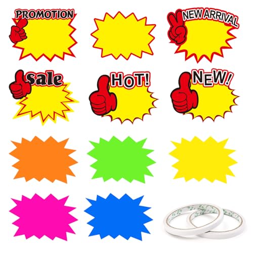 quiodok 600 Blatt Neon Price Tags Starburst Verkaufsschilder Blanko Starburst Burst Preis Zschilder für Supermärkten, Geschäft, Ladengeschäft Party Favors, 12 Stile (9x7CM) von quiodok