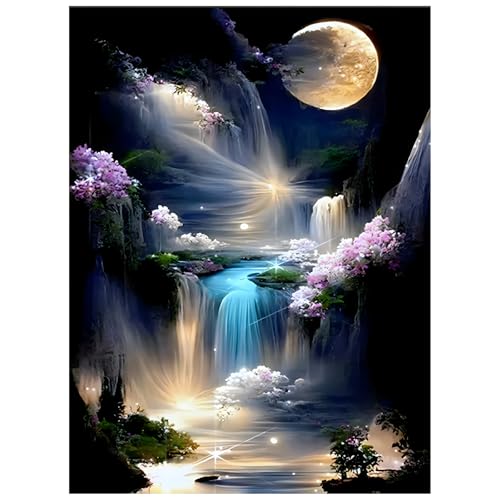 quiodok Diamond Painting Erwachsene Mond Wasserfall Vollbohrer Diamant Malerei DIY Diamond Painting Bastelset Diamant Painting Bilder für Wohnzimmer und Schlafzimmer Wanddeko (30x40cm) von quiodok