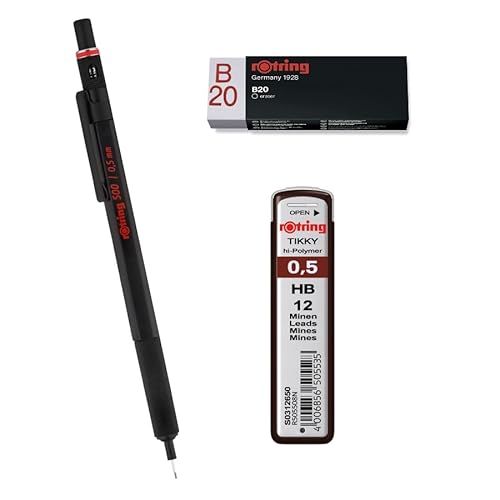 rOtring 500 Druckbleistifte, 0,5 mm, schwarzer Schaft, Tikky-Minen, HB, 0,5 mm (12 Minen), Radiergummi B20 von rOtring