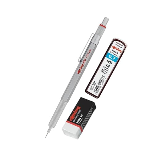 rOtring 600 0.7 Druckbleistift Silber mit HB 0,7 Nachfüllpack und Radiergummi Tikky 30 von rOtring