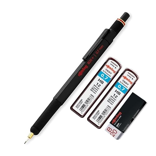 rOtring 800+ Druckbleistift und Touchscreen-Eingabestift | Drehbarer HB 0,7 mm Druckbleistift | 2 x 12 HB 0,7 m Minen | B20 Radiergummi von rOtring