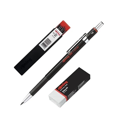 rOtring Druckbleistift, 300, 2,0 mm, nachfüllbar mit Spitzer unter Kappe, 1 Stück mit Radiergummi + Packung mit 2,0 mm Graphiten von rOtring