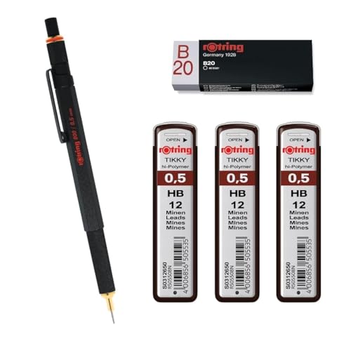 rOtring Druckbleistift 800, 0,5 mm, 1904447, Schwarz, 3 x Tikky Minen, HB – 0,5 mm, Radiergummi B20 von rOtring