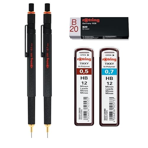 rOtring Druckbleistift 800, 0,5 mm und 0,7 mm, Schwarz, Set Tikky Minen, HB – 0,5 mm und 0,7 mm, Radiergummi B20 von rOtring