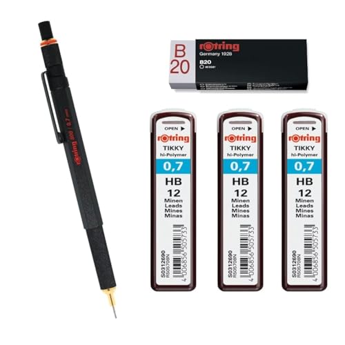 rOtring Druckbleistift 800 0,7 mm 1904446 – Schwarz | 3 x Tikky Minen HB – 0,7 mm | Radiergummi B20 von rOtring