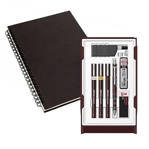 rOtring Isograph S0699380 Fineliner-Stift und Bleistift College-Set, 3 technische Stifte (0,25 mm, 0,35 mm, 0,50 mm) und Druckbleistift (0,5 mm), Zubehör mit Notizbuch von rOtring