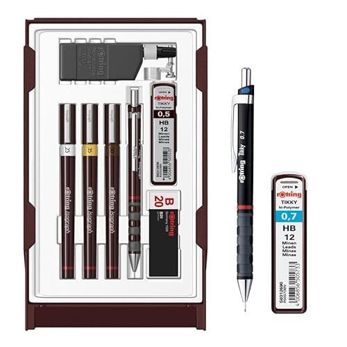 rOtring Isograph S0699380 Fineliner und Bleistift College-Set mit 3 technischen Stiften (0,25 mm, 0,35 mm, 0,50 mm) und Druckbleistift (0,5 mm), Set mit Bleistift 0,7 mm und Minen von rOtring