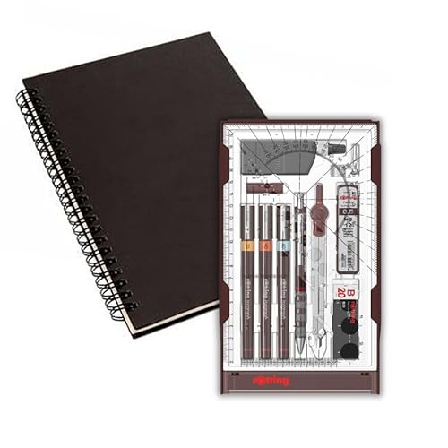 rOtring Isograph S0699390-3 Fineliner und Bleistift College Set Technische Stifte (0,20 mm, 0,40 mm, 0,60 mm) und Druckbleistift (0,5 mm) | Zubehör mit schwarzem Notizbuch von rOtring