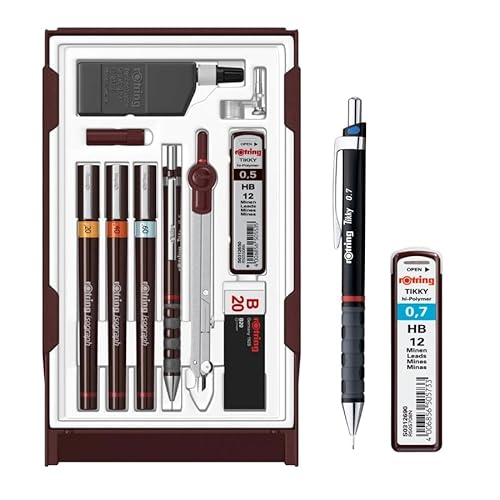 rOtring Isograph S0699390 Fineliner Set mit 3 technischen Stiften (0,20 mm, 0,40 mm, 0,60 mm) und Druckbleistift (0,5 mm), Zubehör, Set mit Bleistift 0,7 mm und Minen von rOtring