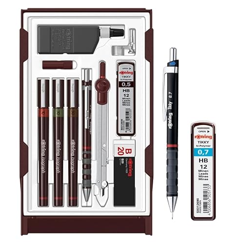 rOtring Isograph Technical Pen Master Set S0699420 | 3 Fineliner (0,10 mm, 0,30 mm, 0,50 mm), Druckbleistift (0,5 mm), Zirkel & Zubehör, 10-teiliges Set im Etui | Set mit Bleistift 0,7 mm und Minen von rOtring