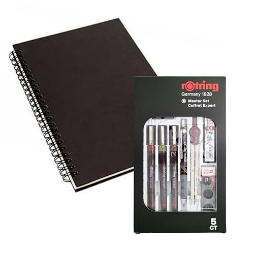 rOtring Isograph Technical Pen Master Set S0699420-3 Fineliner (0,10 mm, 0,30 mm, 0,50 mm), Druckbleistift (0,5 mm), Zirkel und Zubehör, 10-teiliges Set in Etui, mit Notizbuch von rOtring