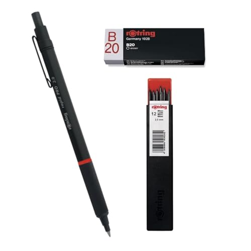 rOtring Rapid Pro Druckbleistift | HB 2,0 mm Minen-Druckbleistift | Mattschwarzer Vollmetallschaft | Set Tikky Druckbleistiftminen | 2,0 mm | 12 Stück | Radiergummi B20 von rOtring