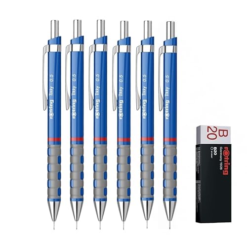 rOtring Tikky Druckbleistifte, HB 0,5 mm, dunkelblaue Barrels, 6 Stück, Radiergummi B20 von rOtring