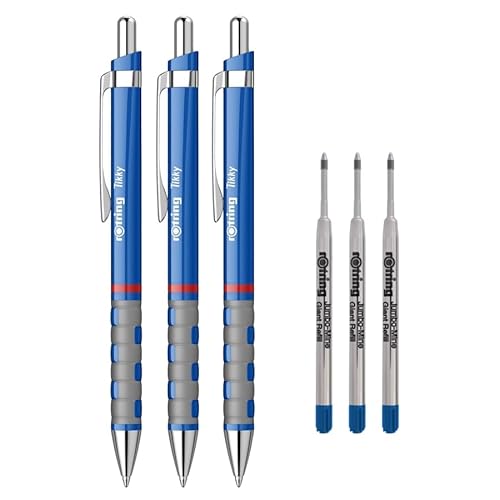 rOtring Tikky Leichter Kugelschreiber mit gummiertem Griff, blauer Schaft, 3 Stück, Tikky Jumbo-Kugelschreiberminen, 3 Stück, blaue Tinte von rOtring