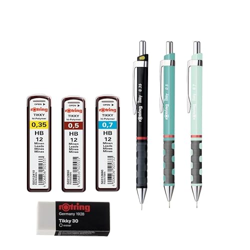 rOtring Tikky Pastell-Druckbleistifte-Set, HB, 0,34 mm, 0,5 mm, 0,7 mm, Radiergummi + Nachfüllungen, 40 Stück von rOtring