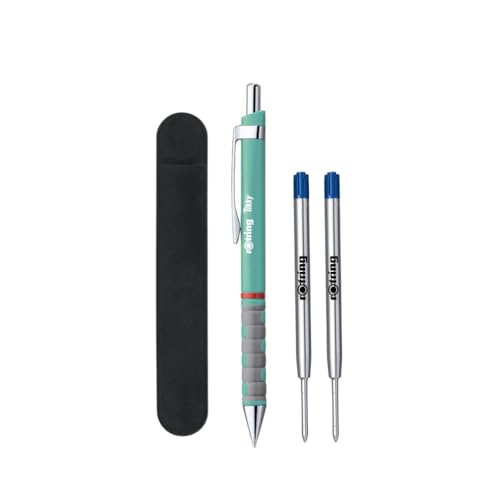 rOtring Tikky Pastell-Kugelschreiber-Set, blaue Tinte, mittlere Spitze, leicht mit gummiertem Griff, 2 Ersatzminen + Samtstiftetui, 4 Stück von rOtring