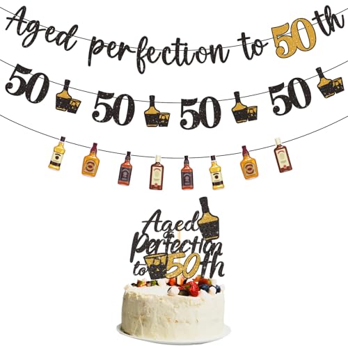 Refavor 50. Geburtstag Dekorationen Männer - Kein DIY Aged to Perfection 50. Geburtstag Dekorationen für Männer Wein Whiskey Geburtstag Party Banner Kuchen Topper Dekor Supplies Happy 50th Birthday von refavor