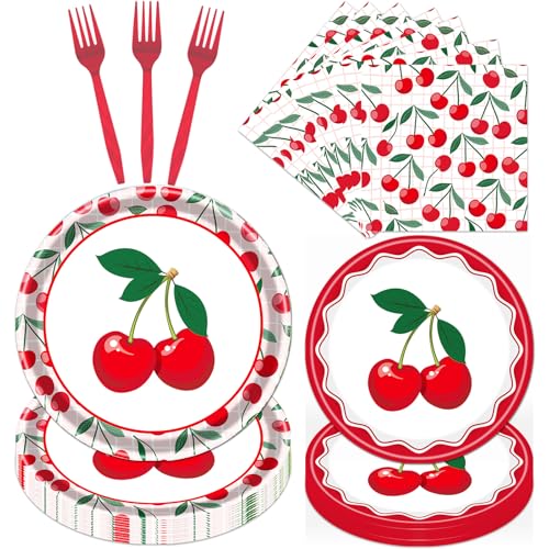 Refavor Cherry Birthday Decorations Supplies, Cherry Party Paper Plates Napkins and Forks Tableware Set, Disposable Cherry Fruit Theme Baby Shower Decor(24 Guests) von refavor