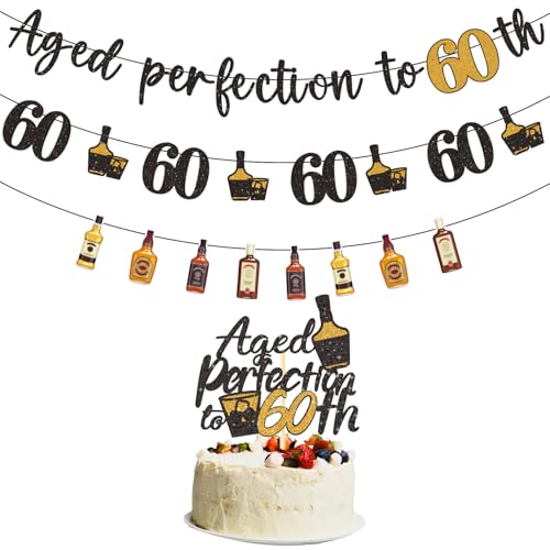 Refavor Dekorationen zum 60. Geburtstag für Männer – kein DIY gealtert zur Perfektion 60. Geburtstag Dekorationen Glitzer Whiskey Bday Party Banner Geburtstag Kuchen Topper Dekor Supplies Whiskey von refavor