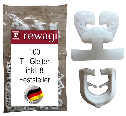 rewagi 100 T – Gleiter & 8 T&U Feststeller für T - Schienen, T- Schienen Wohnmobil, Gardinen, Gardinenhaken, Überklipshaken, Faltenhaken, Faltenlegehaken von rewagi